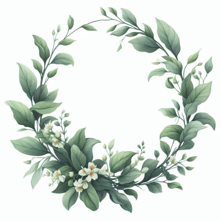 Wreath of jasmine flowers and green leaves. Vector illustration.の素材