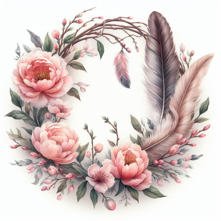 Beautiful watercolor floral wreath with peony flowers and feathersの素材