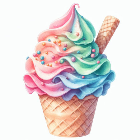 Ice cream in a waffle cone isolated on white background. Watercolor illustrationの素材