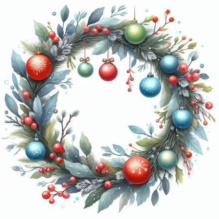 Watercolor christmas wreath. Hand painted illustration isolated on white backgroundの素材