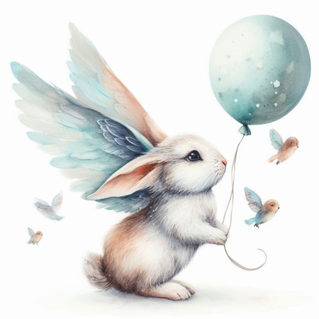 Cute little rabbit with blue balloon and butterflies. Watercolor illustration.の素材