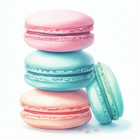 Colorful macaroon isolated on white background. Watercolor illustrationの素材