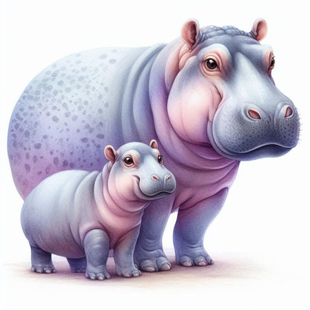Hippo family isolated on white background. 3D illustration.の素材