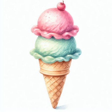 Watercolor ice cream in a waffle cone. Hand drawn illustrationの素材