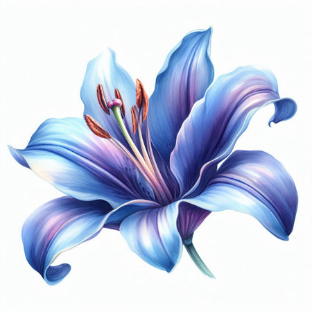 Blue lily flower isolated on white background. Watercolor illustration.の素材