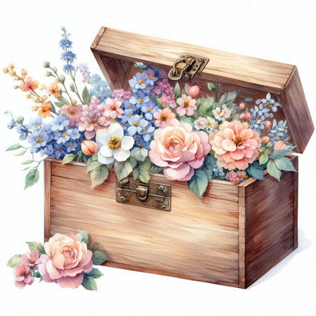 Wooden casket with flowers and leaves. Watercolor illustration.の素材
