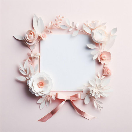 Flowers composition. Frame made of white paper flowers on pastel pink background. Flat lay, top view, copy spaceの素材