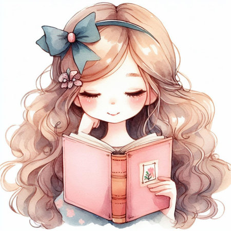 Beautiful girl reading a book. Hand drawn watercolor illustration.の素材