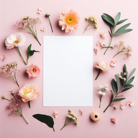 Flowers composition. Frame made of flowers on pastel pink background. Flat lay, top view, copy spaceの素材