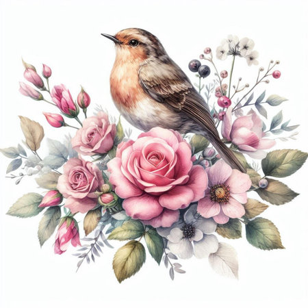 Watercolor painting of a bird with flowers, isolated on white backgroundの素材
