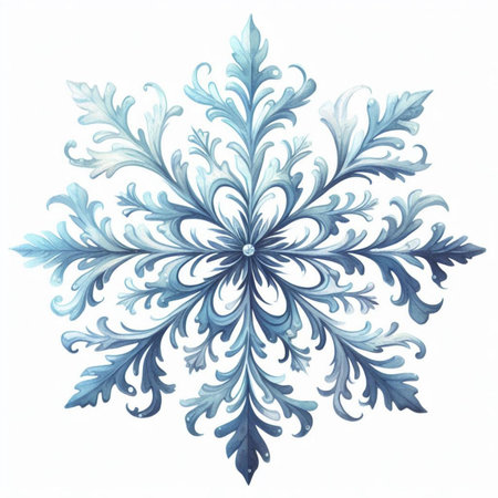 Blue snowflake isolated on white background. Watercolor hand drawn illustration.の素材
