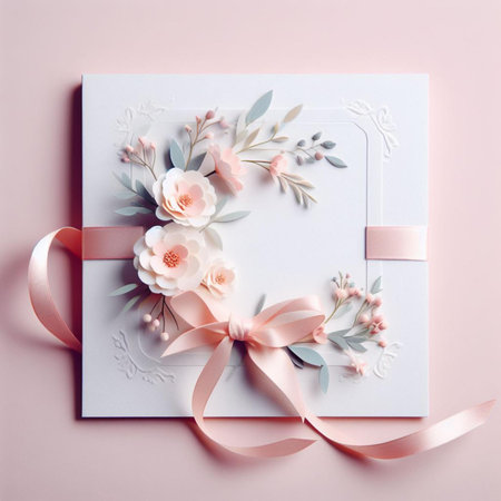 Beautiful greeting card with pink ribbon and flowers. Flat lay, top view.の素材