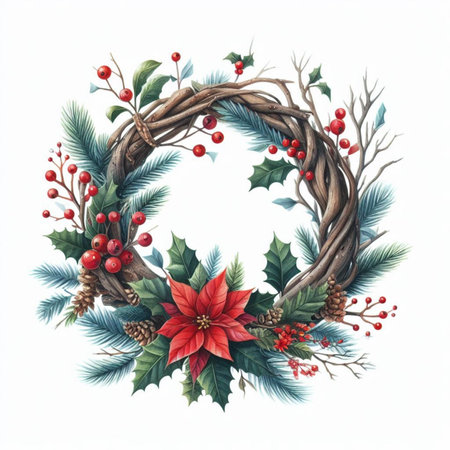 Watercolor Christmas wreath with poinsettia, holly, fir branches, pine cones and berries. Hand painted illustration isolated on white backgroundの素材