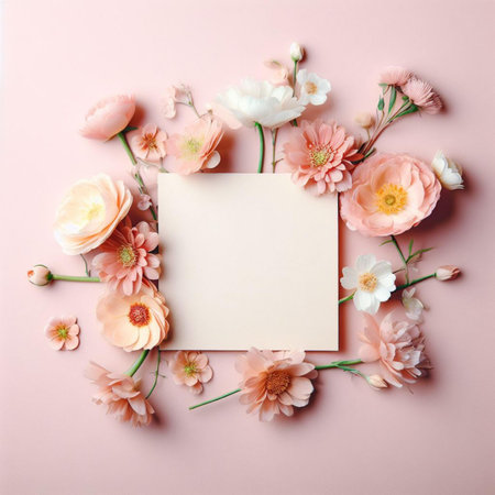 Flowers composition. Frame made of flowers on pastel pink background. Flat lay, top view, copy spaceの素材