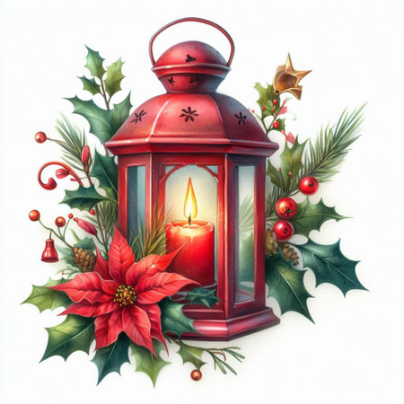 Christmas greeting card with a red lantern, holly, mistletoe and candle.の素材