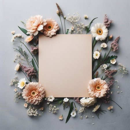 Flowers composition. Frame made of flowers on grey background. Flat lay, top view, copy spaceの素材