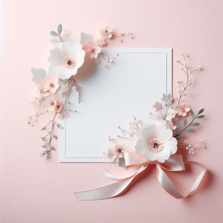 Flowers composition. Frame made of flowers on pastel pink background. Flat lay, top view, copy spaceの素材