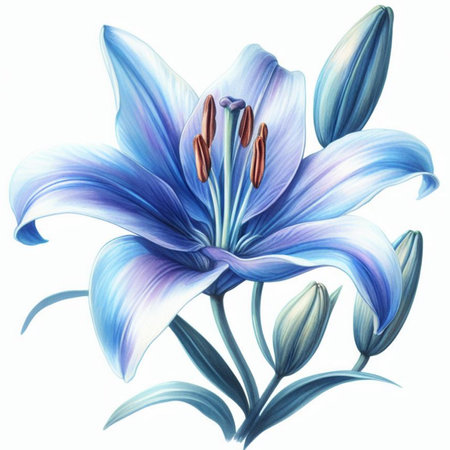 Blue lily flower isolated on white background. Watercolor hand drawn illustrationの素材