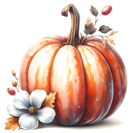 Pumpkin with flowers and leaves isolated on white background. Watercolor illustrationの素材