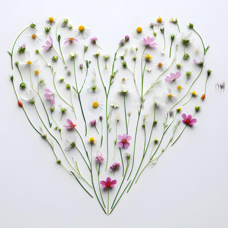 Heart made of daisies and chamomile flowers on white backgroundの素材