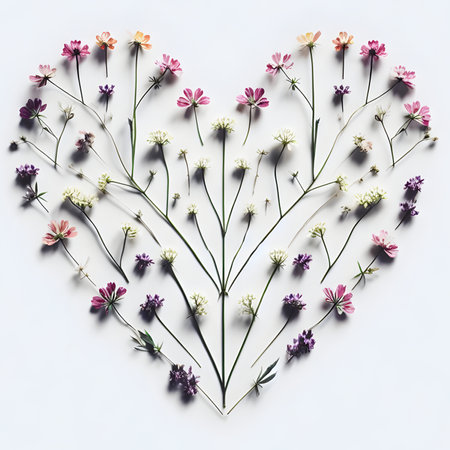 Heart made of wildflowers on white background. Flat lay, top viewの素材