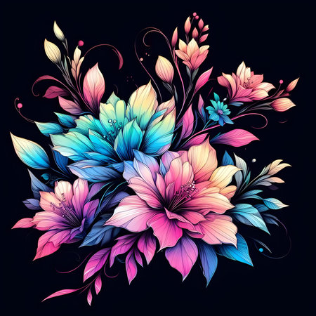 Beautiful pink and blue flowers on a black background. Vector illustration.の素材