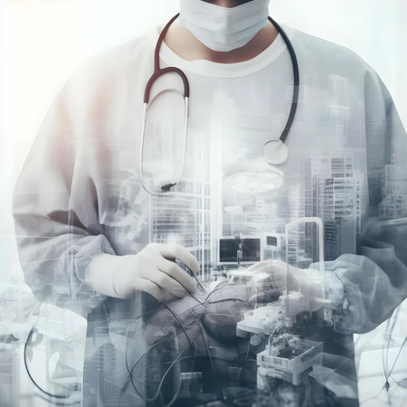 double exposure of smart medical doctor with stethoscope and modern city as conceptの素材