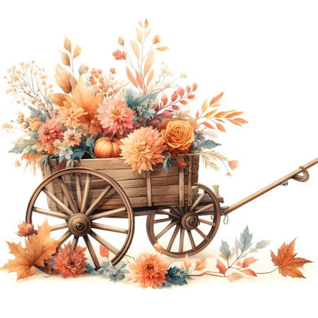 Vintage wooden cart with autumn bouquet of flowers and leaves.の素材