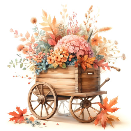 Wooden cart with autumn flowers and leaves on a white background.の素材