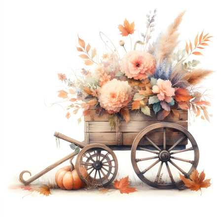 Wooden cart with autumn flowers and pumpkins on a white backgroundの素材