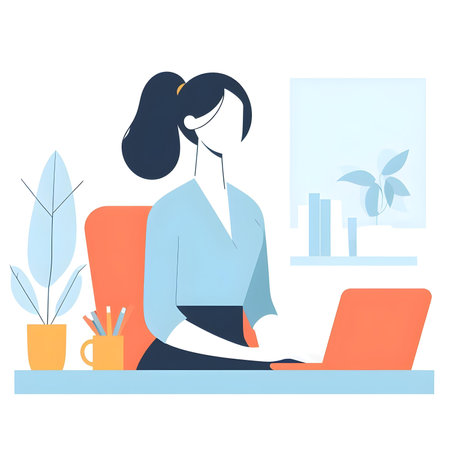 Business woman working on laptop at office. Flat style vector illustration.の素材
