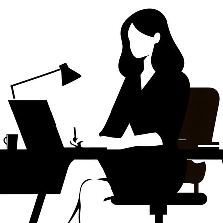 Vector illustration of a businesswoman sitting at the desk in office.の素材