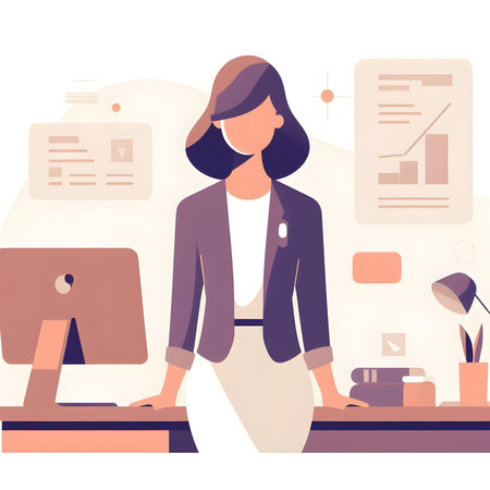 Businesswoman standing at the desk in the office. Vector flat illustrationの素材