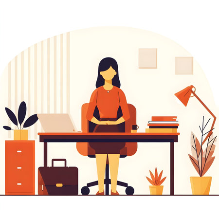 Businesswoman working at office desk. Vector illustration in flat style.の素材