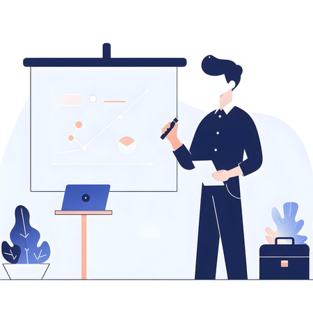 Vector illustration of a businessman with a pointer in his hand on the background of a whiteboard.の素材