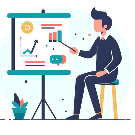 Vector illustration of a businessman making a presentation on a whiteboard.の素材