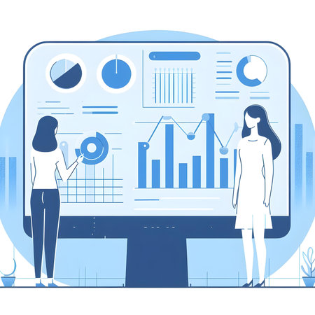 Vector illustration of a businesswoman working on a computer monitor with charts.の素材