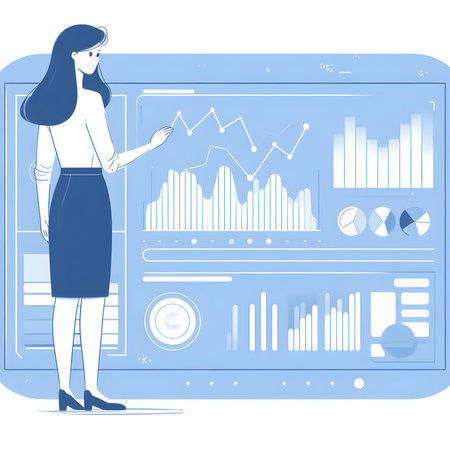 Vector illustration of a business woman working on a virtual screen with chartsの素材