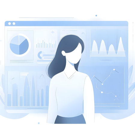 Vector illustration of a businesswoman on the background of a monitor with chartsの素材
