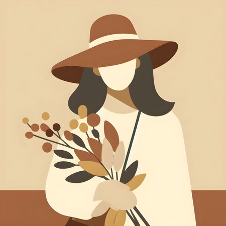 Illustration of a woman in a hat with a bouquet of flowersの素材