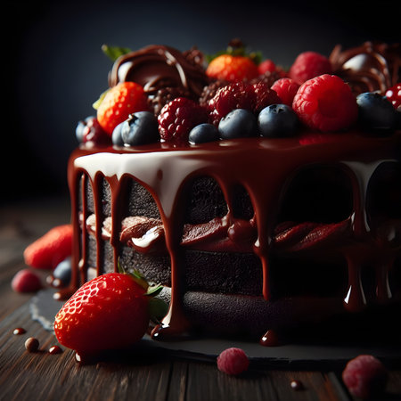 Chocolate cake with chocolate glaze and berries on dark wooden backgroundの素材
