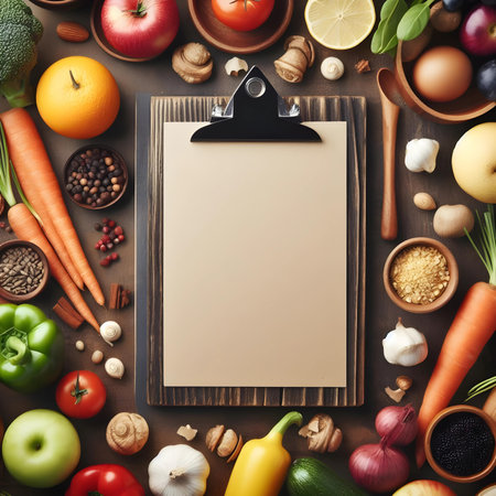 Blank menu board with vegetables and spices on wooden background. Top view.の素材