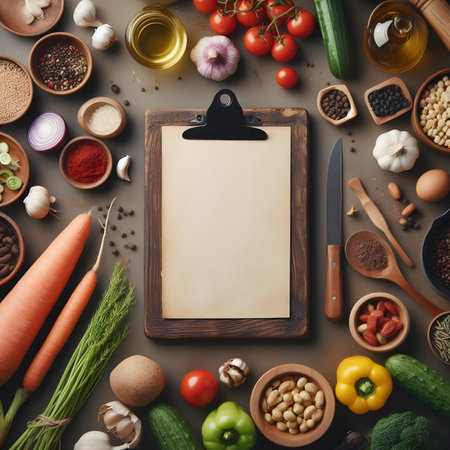 Blank menu board with vegetables and kitchen utensils, top viewの素材