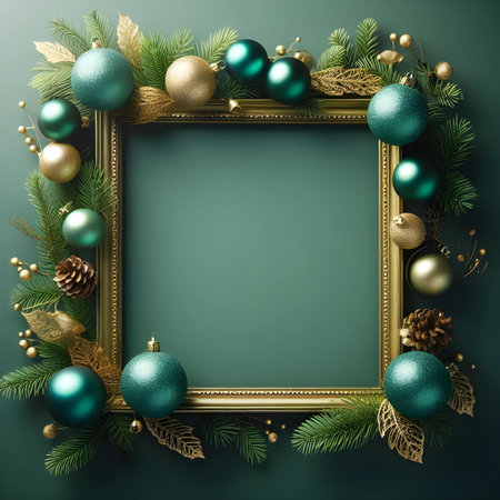 Christmas background with golden frame and decorations. Top view with copy spaceの素材
