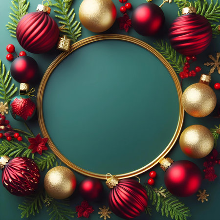 Christmas or New Year frame with baubles and fir branches on green backgroundの素材