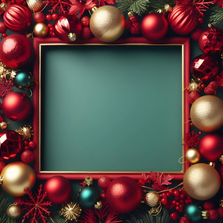 Christmas frame with baubles and fir tree branches on blue backgroundの素材