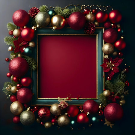 Christmas frame with decorations on dark background. Top view with copy spaceの素材