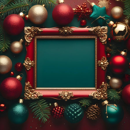 Christmas frame with decorations on red background. Top view with copy spaceの素材