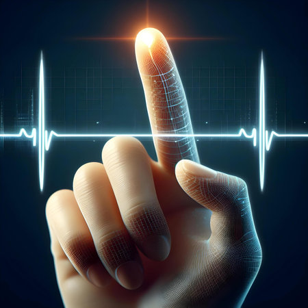 Finger touching digital heart rate monitor on dark background. Medicine and healthcare concept. 3D Renderingの素材