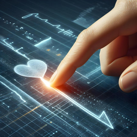 Close up of human hand touching with finger virtual panel with heart iconの素材